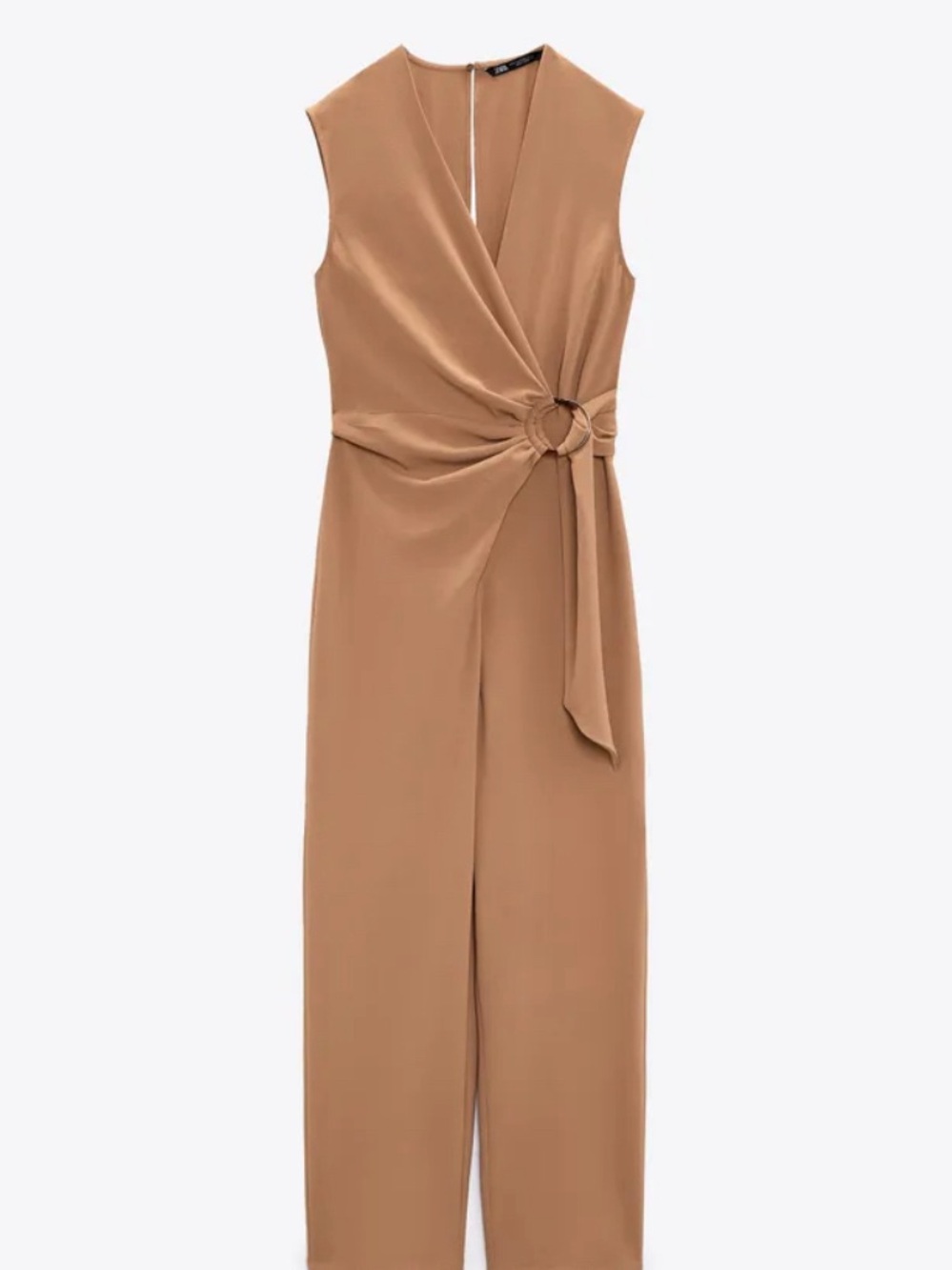 Zara Sleeveless Camel Wrap Jumpsuit with Ring-Tie